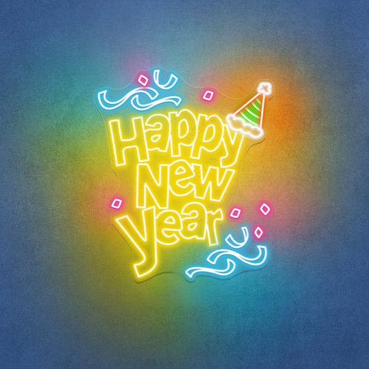 Happy New Year LED neon sign mounted on a greenery wall backdrop at a 2026 New Year's Eve gala, branded by Neon.Shop.