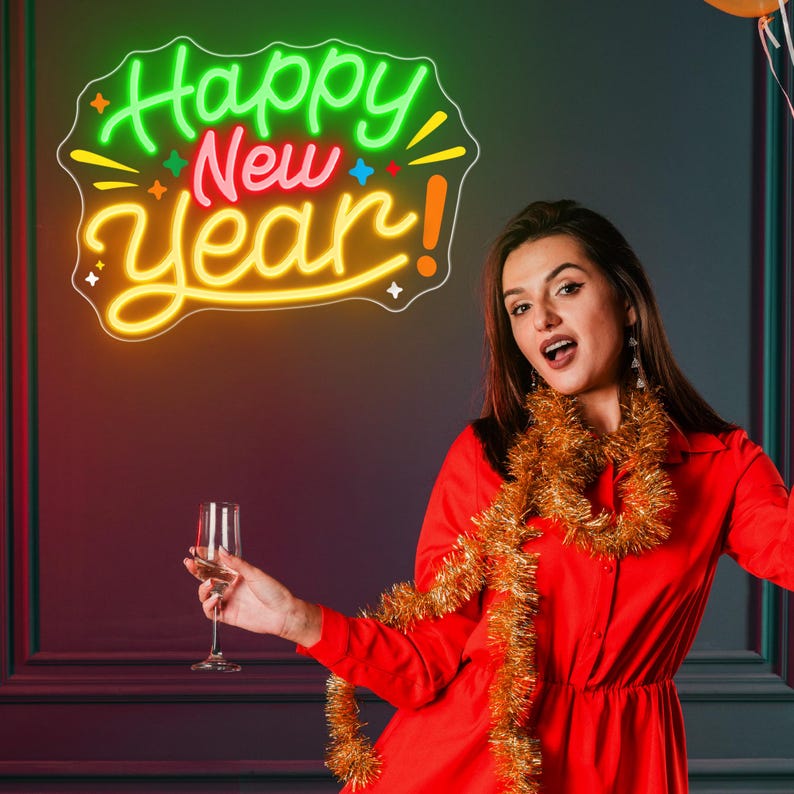 Happy New Year Neon sign by Neon.Shop - LED tubing and precision-cut acrylic in Red, Green and Yellow color 