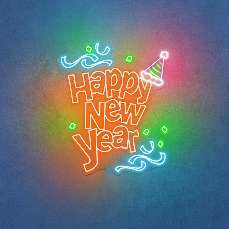 Happy New Year LED neon sign mounted on a greenery wall backdrop at a 2026 New Year's Eve gala, branded by Neon.Shop.