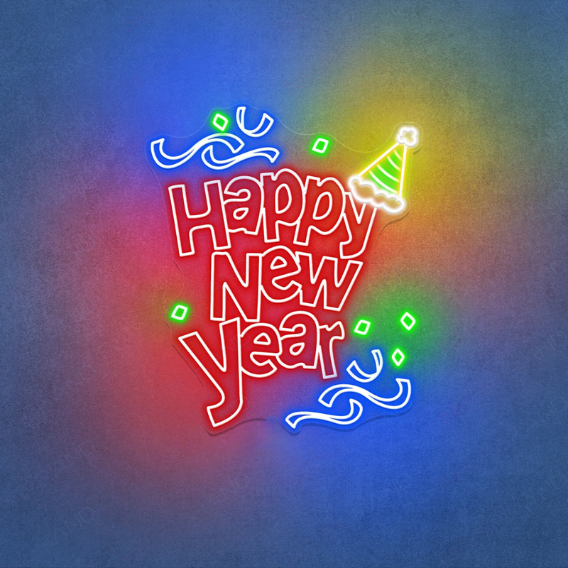 Happy New Year LED neon sign mounted on a greenery wall backdrop at a 2026 New Year's Eve gala, branded by Neon.Shop.