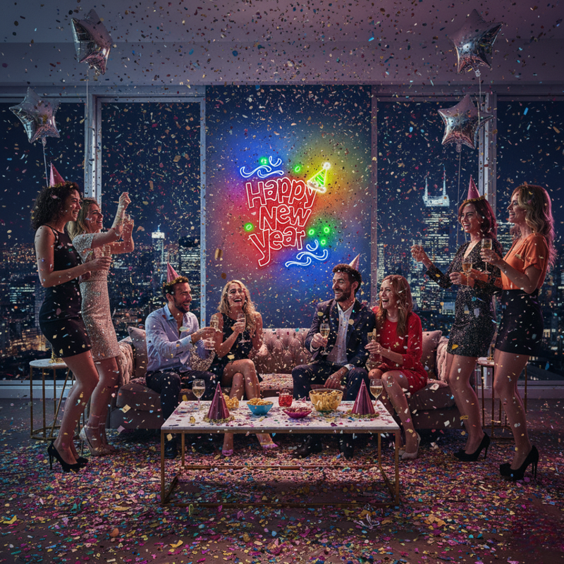 Happy New Year LED neon sign mounted on a greenery wall backdrop at a 2026 New Year's Eve gala, branded by Neon.Shop.