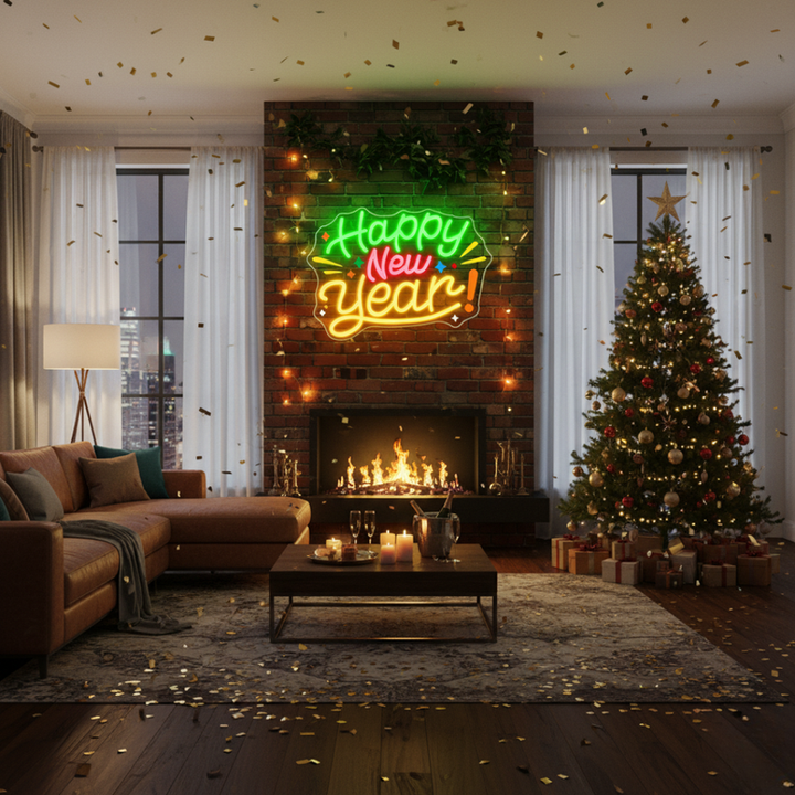 Happy New Year Neon sign by Neon.Shop - LED tubing and precision-cut acrylic in Red, Green and Yellow color 