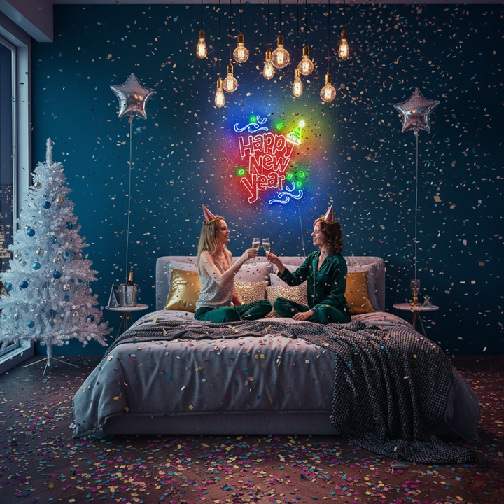 Happy New Year LED neon sign mounted on a greenery wall backdrop at a 2026 New Year's Eve gala, branded by Neon.Shop.