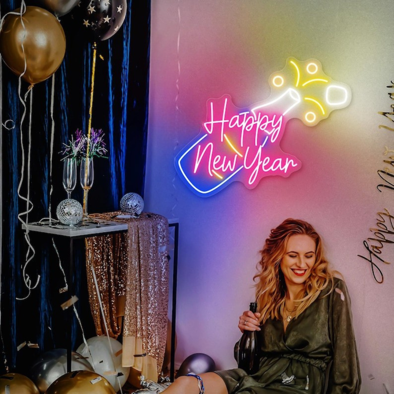 Happy New Year With Champagne Neon sign for  New Year's Eve bar setup