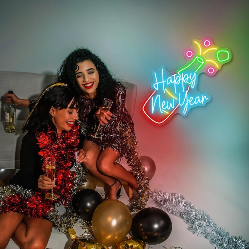 Happy New Year With Champagne Neon sign for  New Year's Eve bar setup