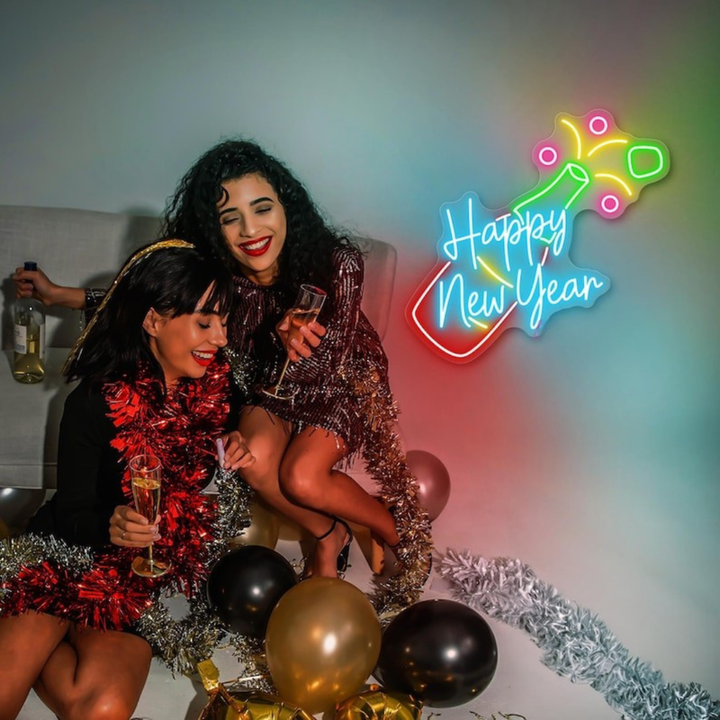 Happy New Year With Champagne Neon sign for  New Year's Eve bar setup