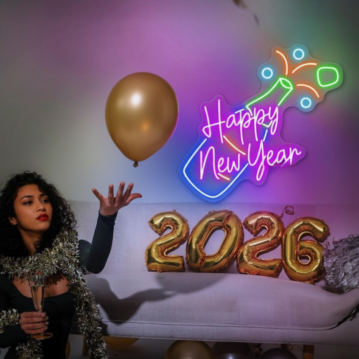 Happy New Year With Champagne Neon sign for  New Year's Eve bar setup