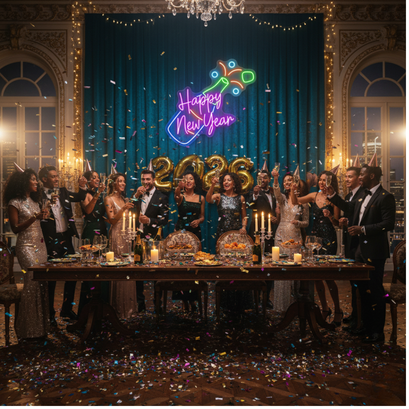 Happy New Year With Champagne Neon sign for  New Year's Eve bar setup