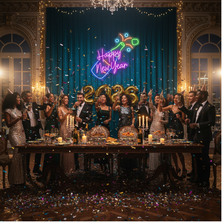 Happy New Year With Champagne Neon sign for  New Year's Eve bar setup