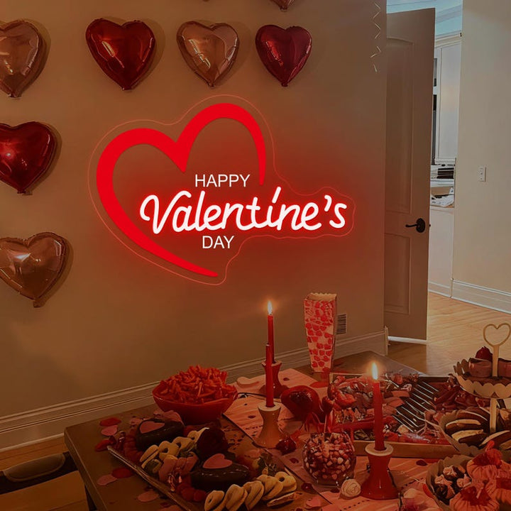 Happy Valentine’s Day Heart LED neon sign by Neon.Shop glowing with a romantic heart design, perfect for Valentine décor and gifts