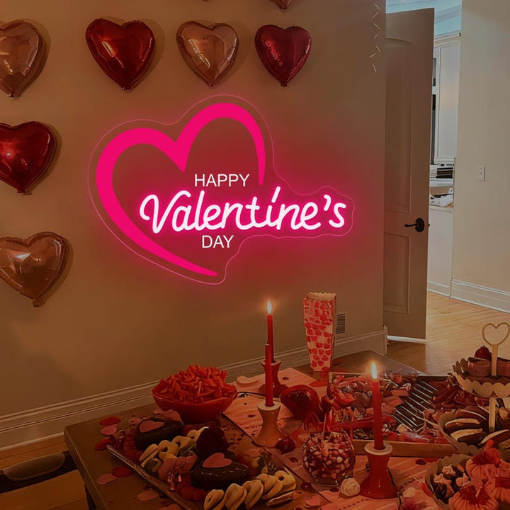 Happy Valentine’s Day Heart LED neon sign by Neon.Shop glowing with a romantic heart design, perfect for Valentine décor and gifts
