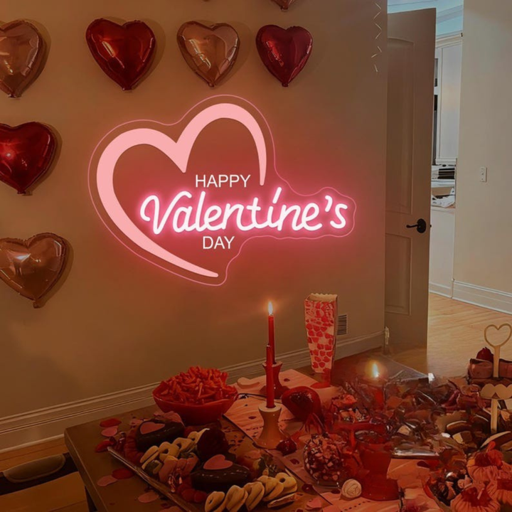 Happy Valentine’s Day Heart LED neon sign by Neon.Shop glowing with a romantic heart design, perfect for Valentine décor and gifts