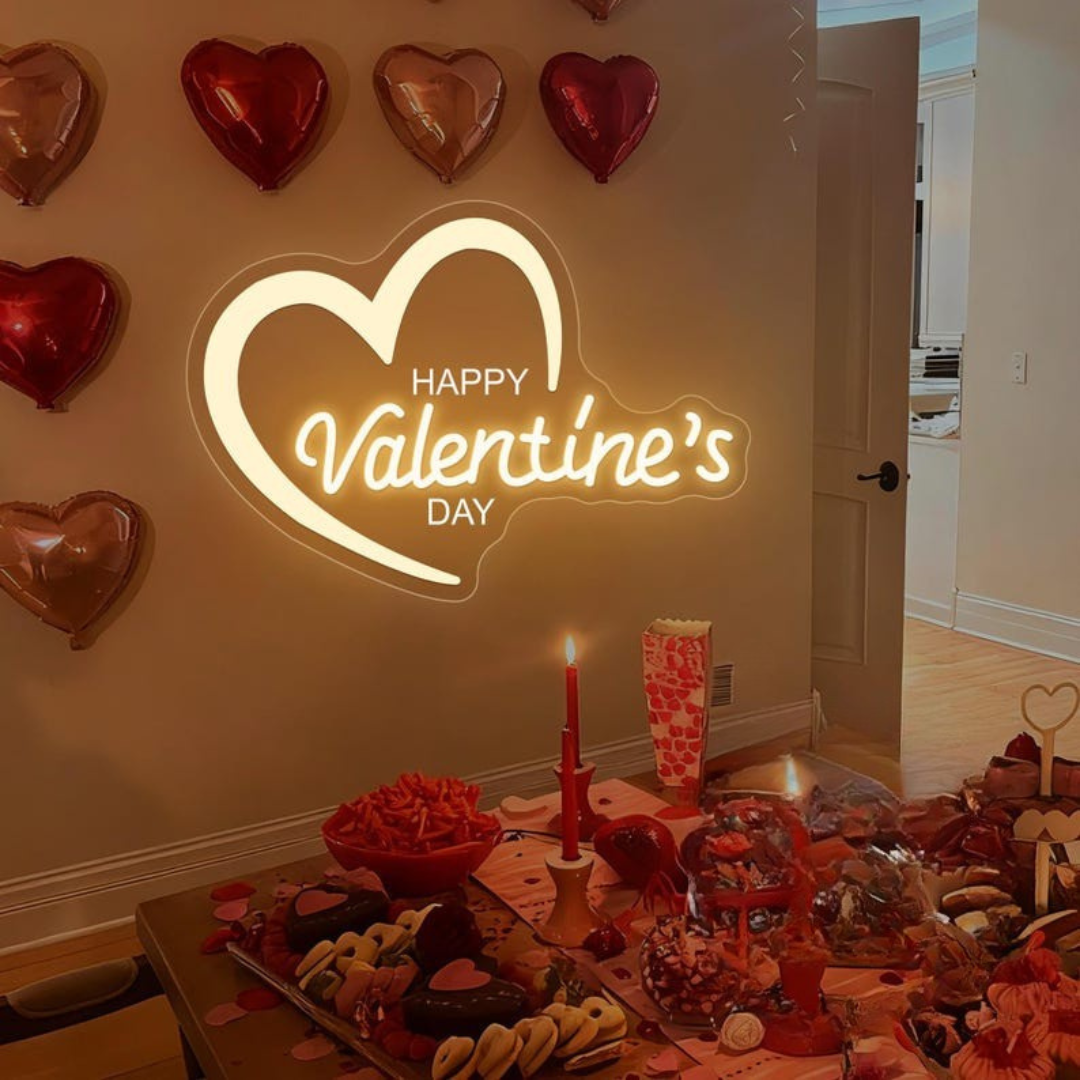 Happy Valentine’s Day Heart LED neon sign by Neon.Shop glowing with a romantic heart design, perfect for Valentine décor and gifts