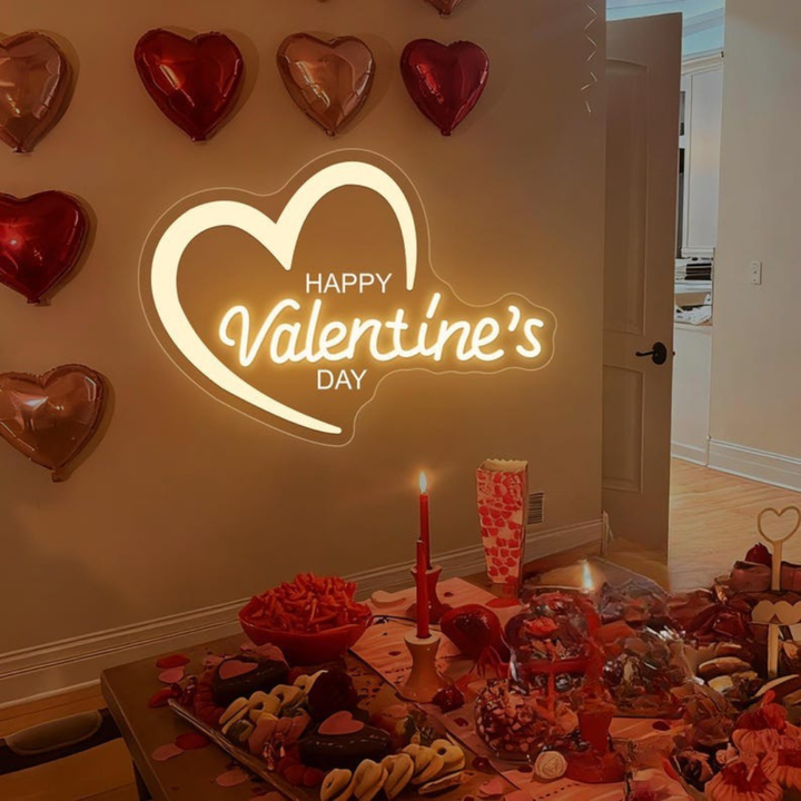 Happy Valentine’s Day Heart LED neon sign by Neon.Shop glowing with a romantic heart design, perfect for Valentine décor and gifts