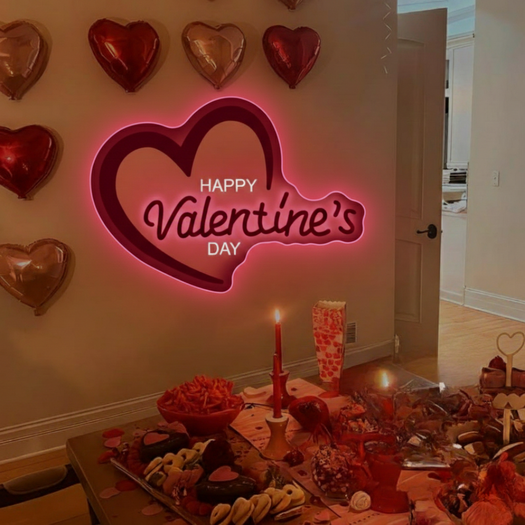 Happy Valentine’s Day Heart LED neon sign by Neon.Shop glowing with a romantic heart design, perfect for Valentine décor and gifts