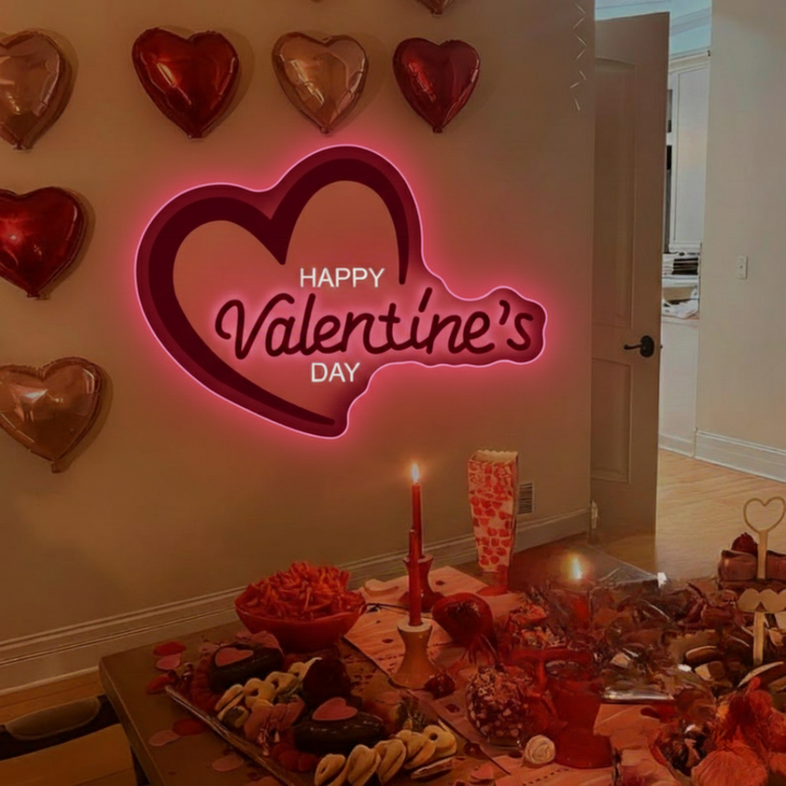 Happy Valentine’s Day Heart LED neon sign by Neon.Shop glowing with a romantic heart design, perfect for Valentine décor and gifts