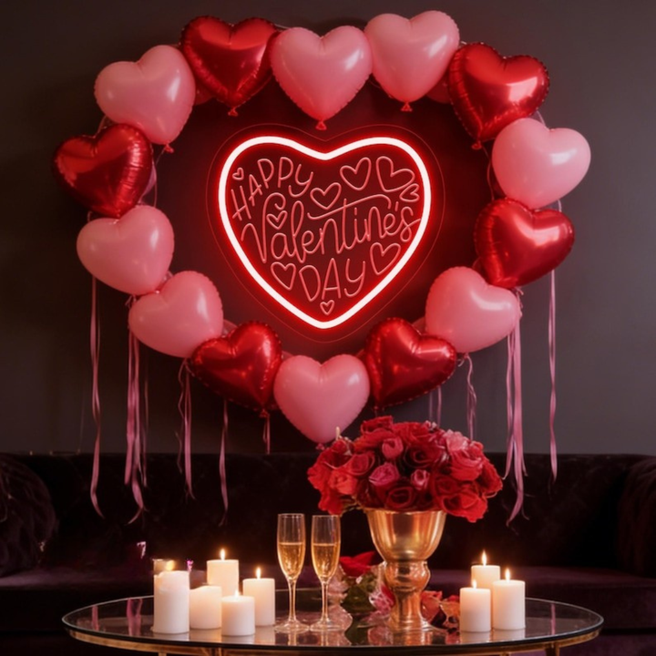 Happy Valentine’s Day LED neon sign by Neon.Shop glowing in romantic pink and red light, perfect for Valentine’s décor and gifts