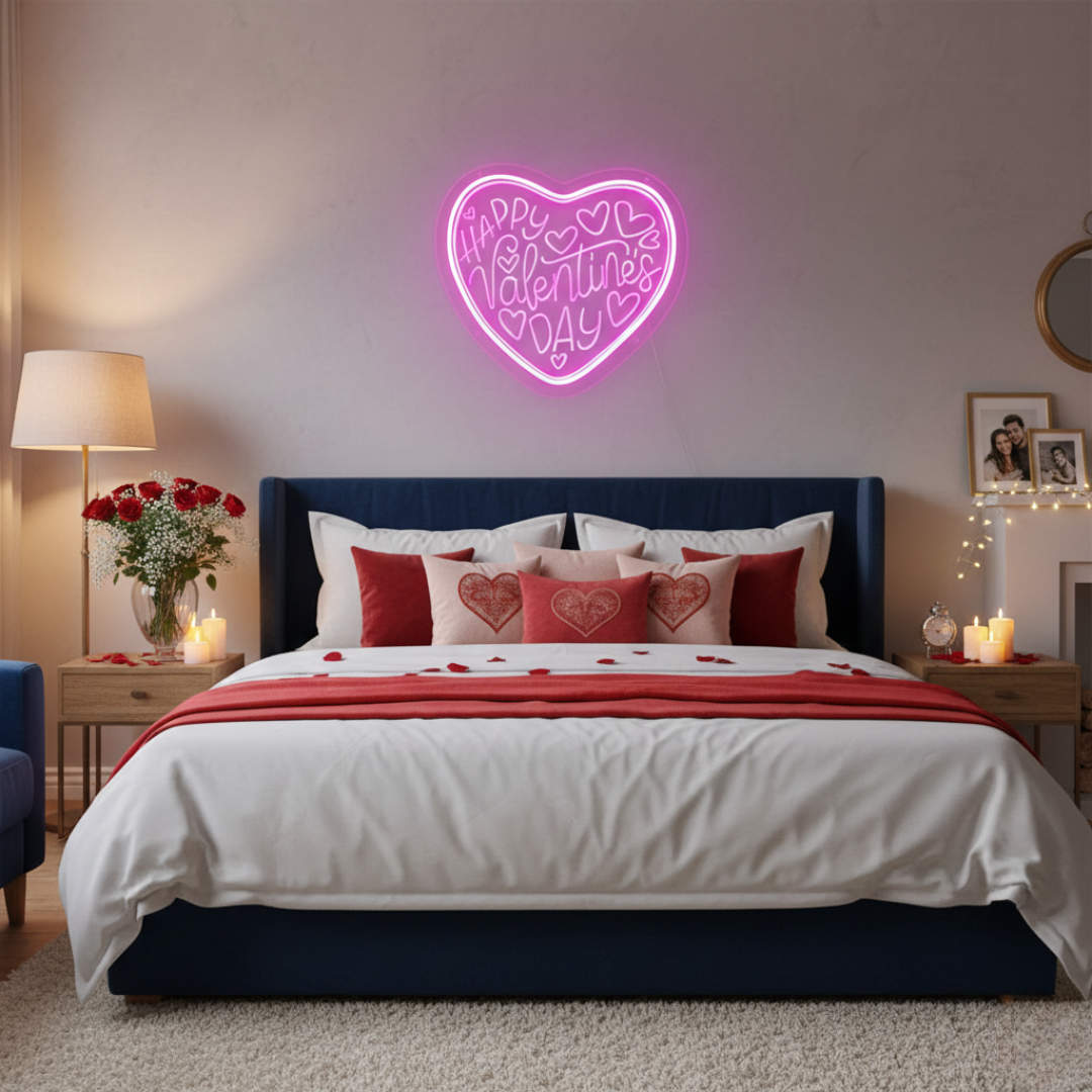 Happy Valentine’s Day LED neon sign by Neon.Shop glowing in romantic pink and red light, perfect for Valentine’s décor and gifts