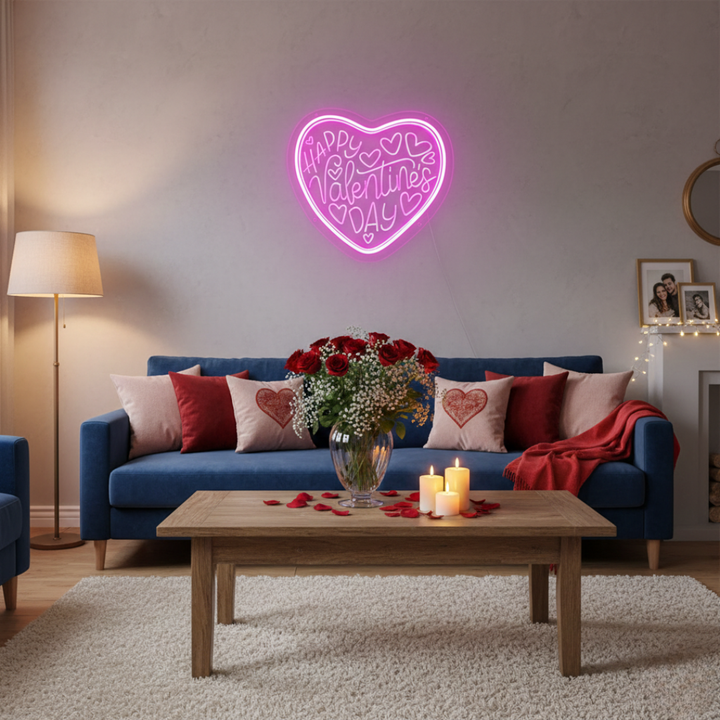 Happy Valentine’s Day LED neon sign by Neon.Shop glowing in romantic pink and red light, perfect for Valentine’s décor and gifts