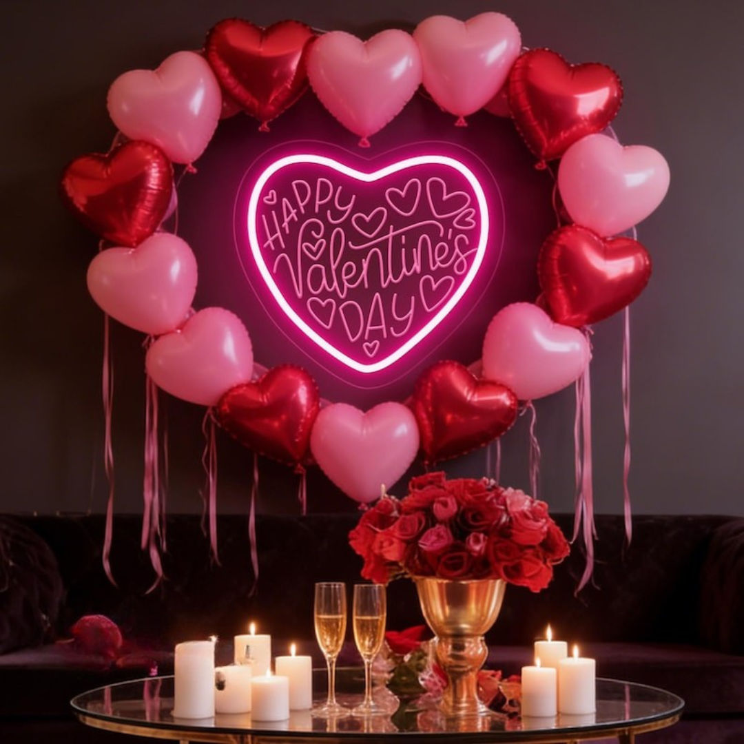 Happy Valentine’s Day LED neon sign by Neon.Shop glowing in romantic pink and red light, perfect for Valentine’s décor and gifts