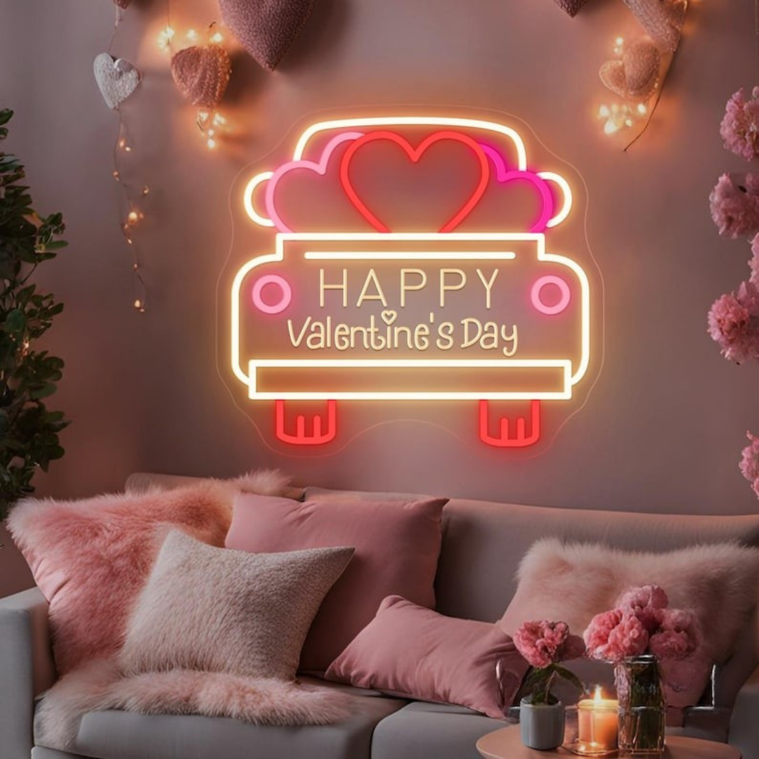 Happy Valentine’s Day Truck Neon Sign illuminating themed interiors by Neon.Sho