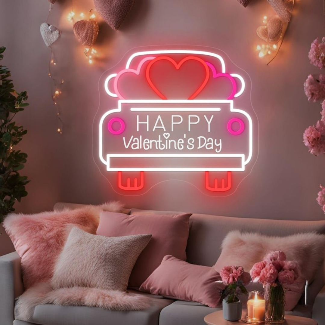 Happy Valentine’s Day Truck Neon Sign illuminating themed interiors by Neon.Sho