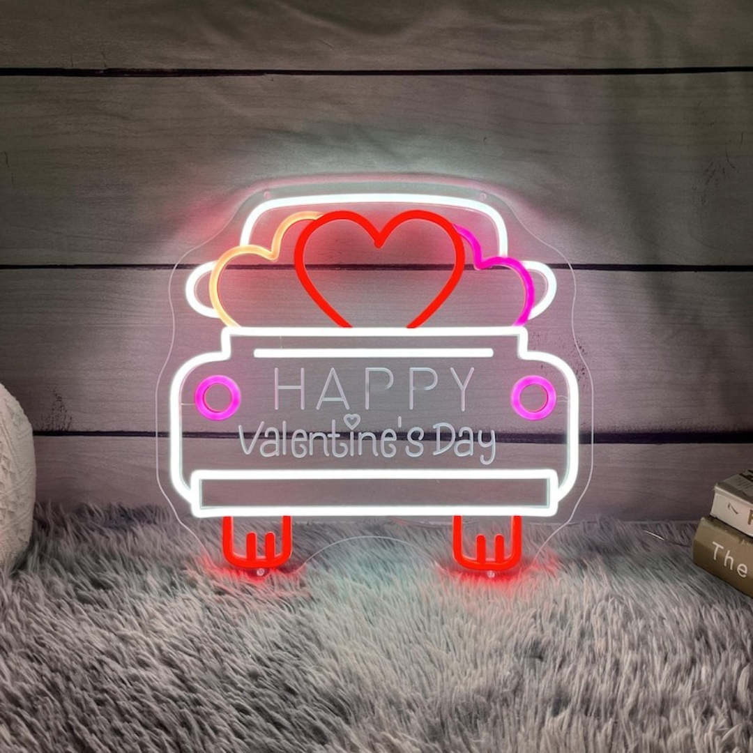 Happy Valentine’s Day Truck Neon Sign illuminating themed interiors by Neon.Shop