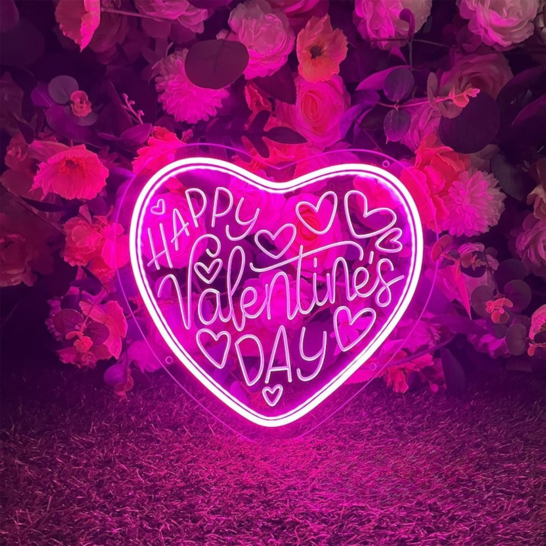 Happy Valentine’s Day LED neon sign by Neon.Shop glowing in romantic pink and red light, perfect for Valentine’s décor and gifts