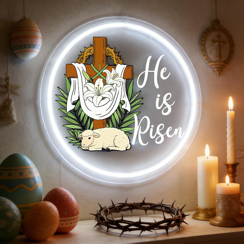 He Is Risen UV printed LED neon sign with glowing Christian message for Easter wall decor by Neon.Shop.