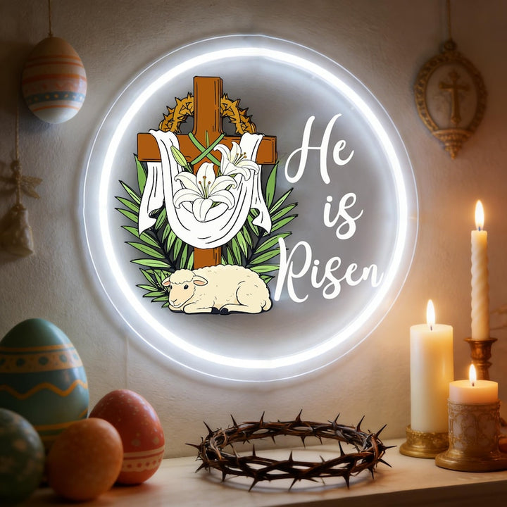 He Is Risen UV printed LED neon sign with glowing Christian message for Easter wall decor by Neon.Shop.