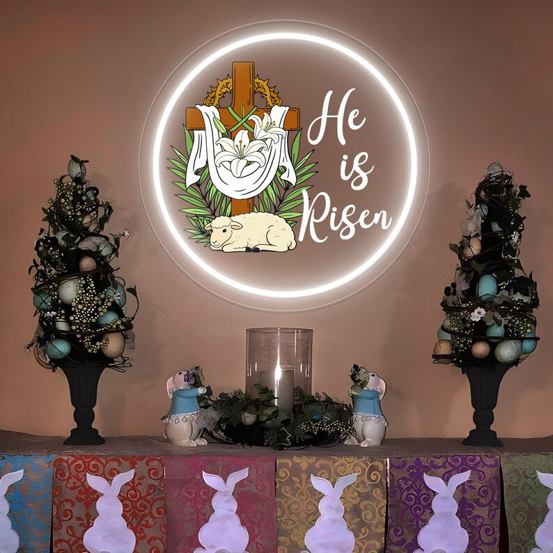He Is Risen UV printed LED neon sign with glowing Christian message for Easter wall decor by Neon.Shop.