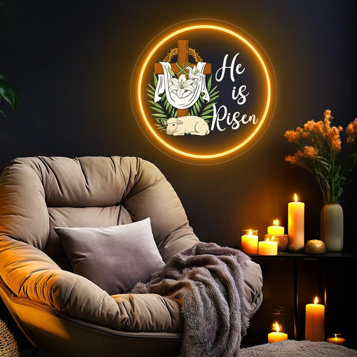 He Is Risen UV printed LED neon sign with glowing Christian message for Easter wall decor by Neon.Shop.