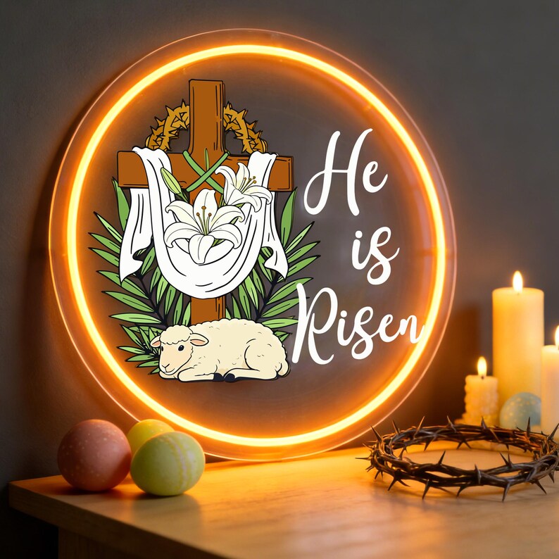 He Is Risen UV printed LED neon sign with glowing Christian message for Easter wall decor by Neon.Shop.