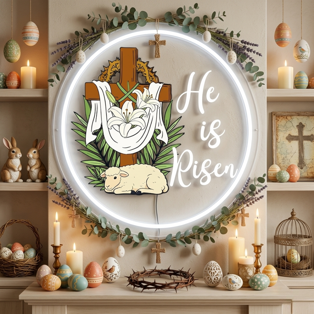 He Is Risen UV printed LED neon sign with glowing Christian message for Easter wall decor by Neon.Shop.