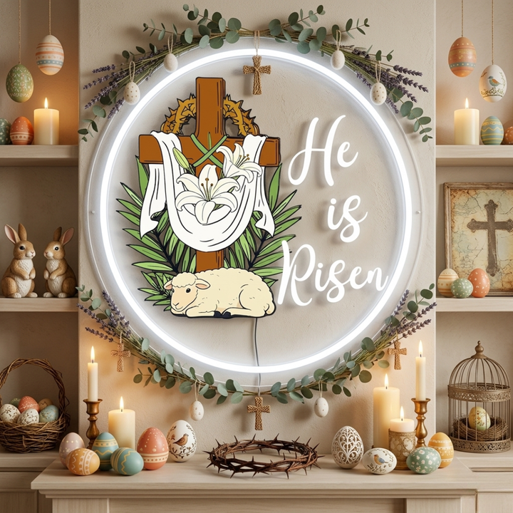 He Is Risen UV printed LED neon sign with glowing Christian message for Easter wall decor by Neon.Shop.