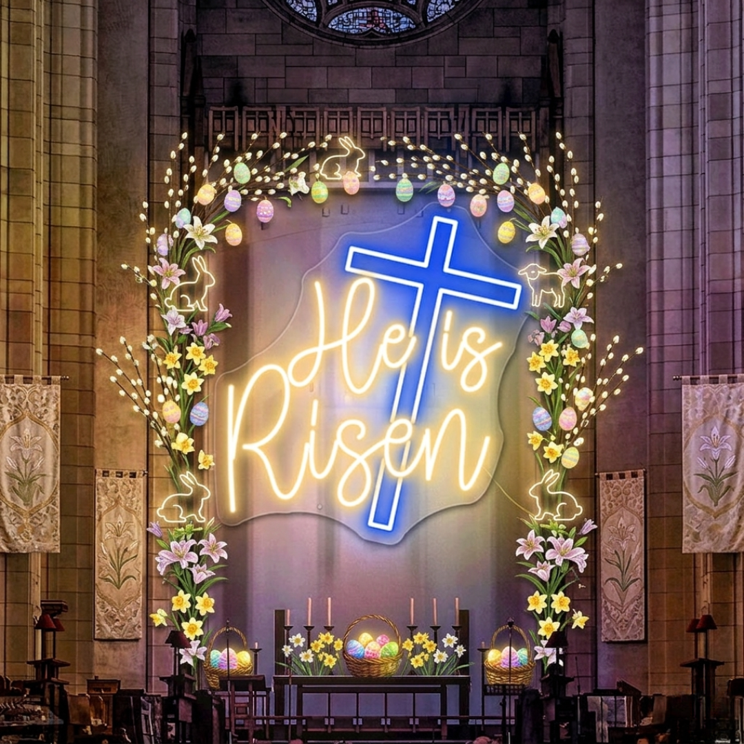 He Is Risen neon wall sign featuring glowing LED lettering representing the resurrection message of Easter by Neon.Shop