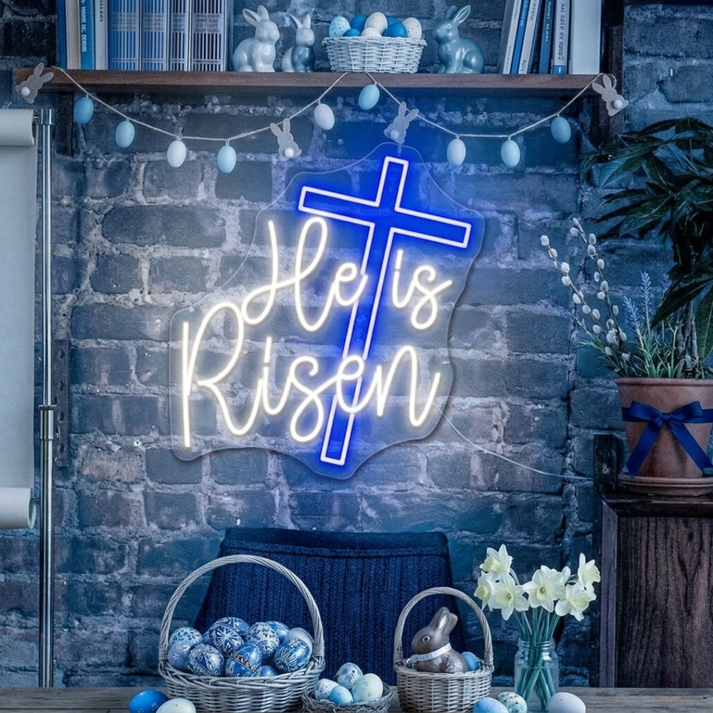 He Is Risen neon wall sign featuring glowing LED lettering representing the resurrection message of Easter by Neon.Shop