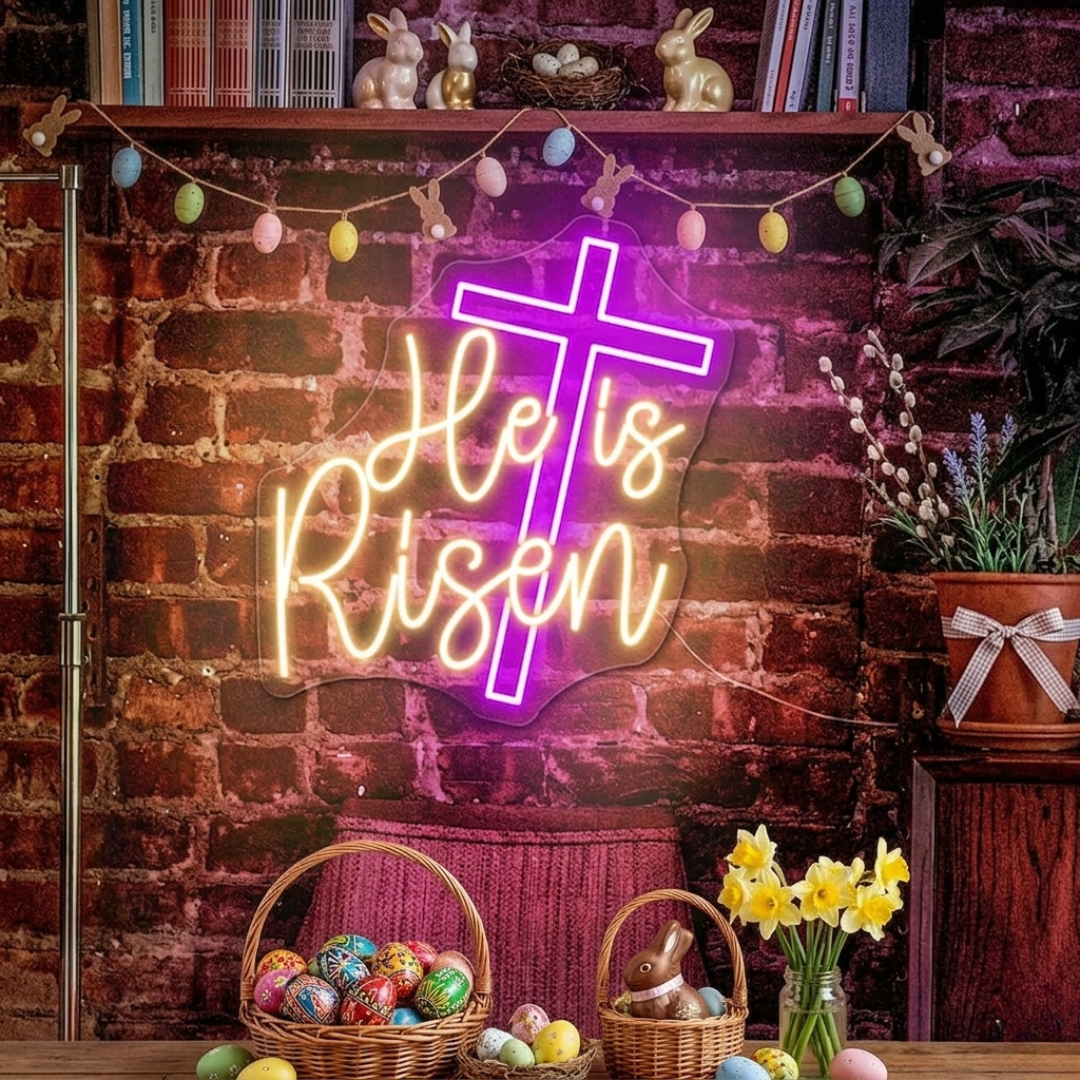 He Is Risen neon wall sign featuring glowing LED lettering representing the resurrection message of Easter by Neon.Shop