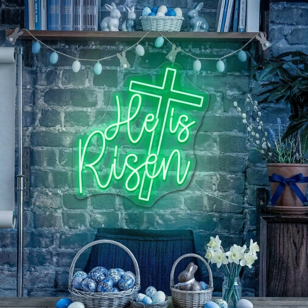 He Is Risen neon wall sign featuring glowing LED lettering representing the resurrection message of Easter by Neon.Shop
