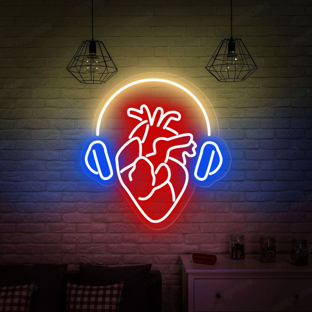 Headphones Heart LED neon sign by Neon.Shop glowing on a wall as modern music-inspired neon décor