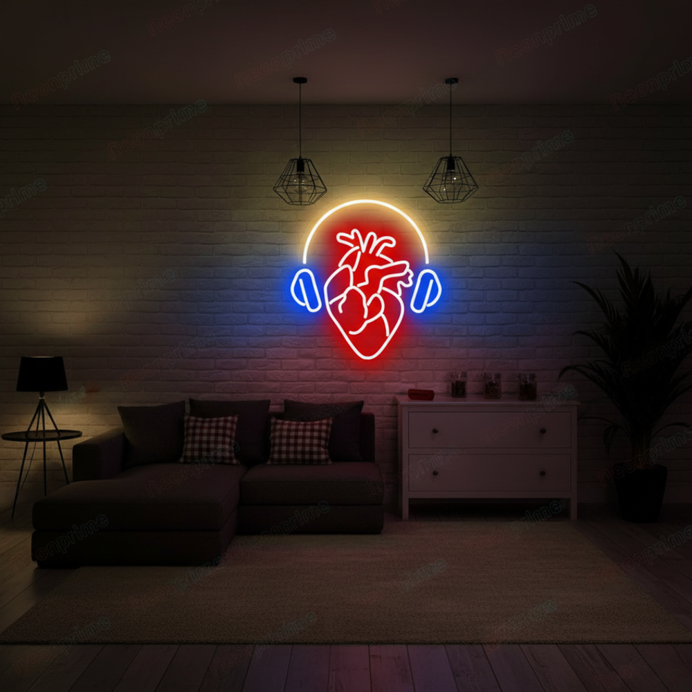 Headphones Heart LED neon sign by Neon.Shop glowing on a wall as modern music-inspired neon décor