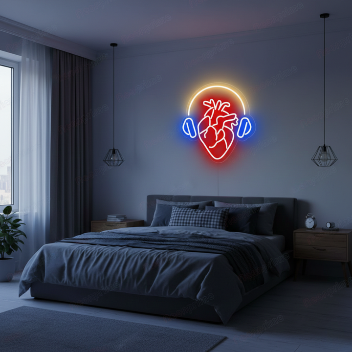 Headphones Heart LED neon sign by Neon.Shop glowing on a wall as modern music-inspired neon décor