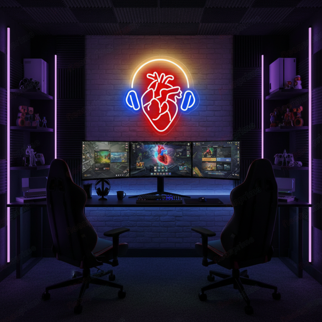 Headphones Heart LED neon sign by Neon.Shop glowing on a wall as modern music-inspired neon décor