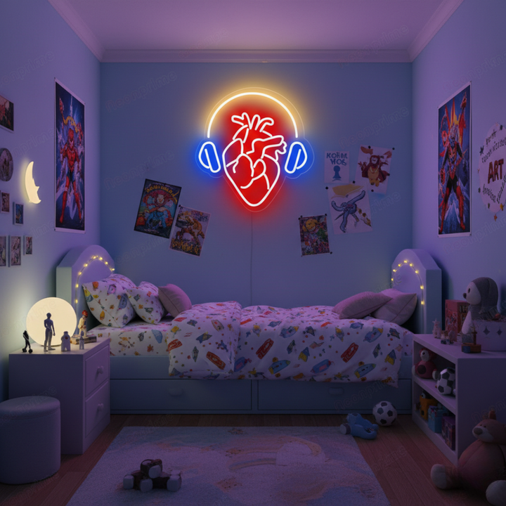 Headphones Heart LED neon sign by Neon.Shop glowing on a wall as modern music-inspired neon décor