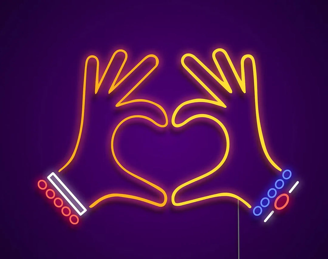 Heart Hand Gesture Valentine's Day Neon Sign by manhattanneons.com – A glowing hand gesture that says "I love you."