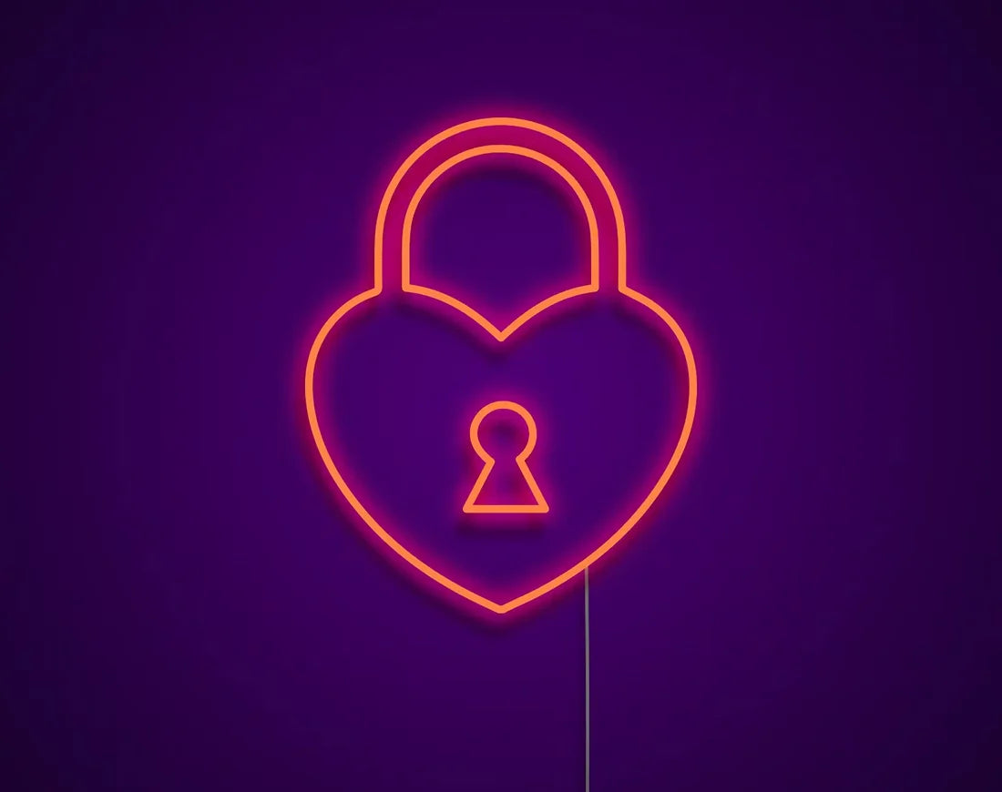 Heart Lock Valentine’s Day LED neon sign glowing in warm romantic tones, ideal for bedroom décor, Valentine’s gifts, cafés, and love-themed displays by Neon.Shop.