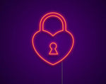 Heart Lock Valentine’s Day LED neon sign glowing in warm romantic tones, ideal for bedroom décor, Valentine’s gifts, cafés, and love-themed displays by Neon.Shop.