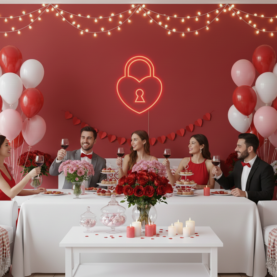 Heart Lock Valentine’s Day LED neon sign glowing in warm romantic tones, ideal for bedroom décor, Valentine’s gifts, cafés, and love-themed displays by Neon.Shop.