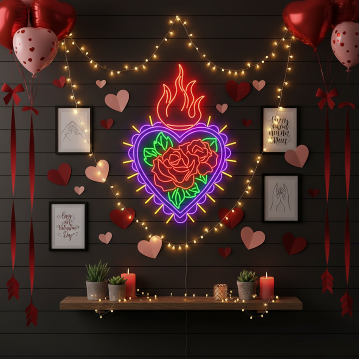 Heart Rose Fire Valentine’s Day Neon Sign glowing on wall for romantic décor by Neon.Shop