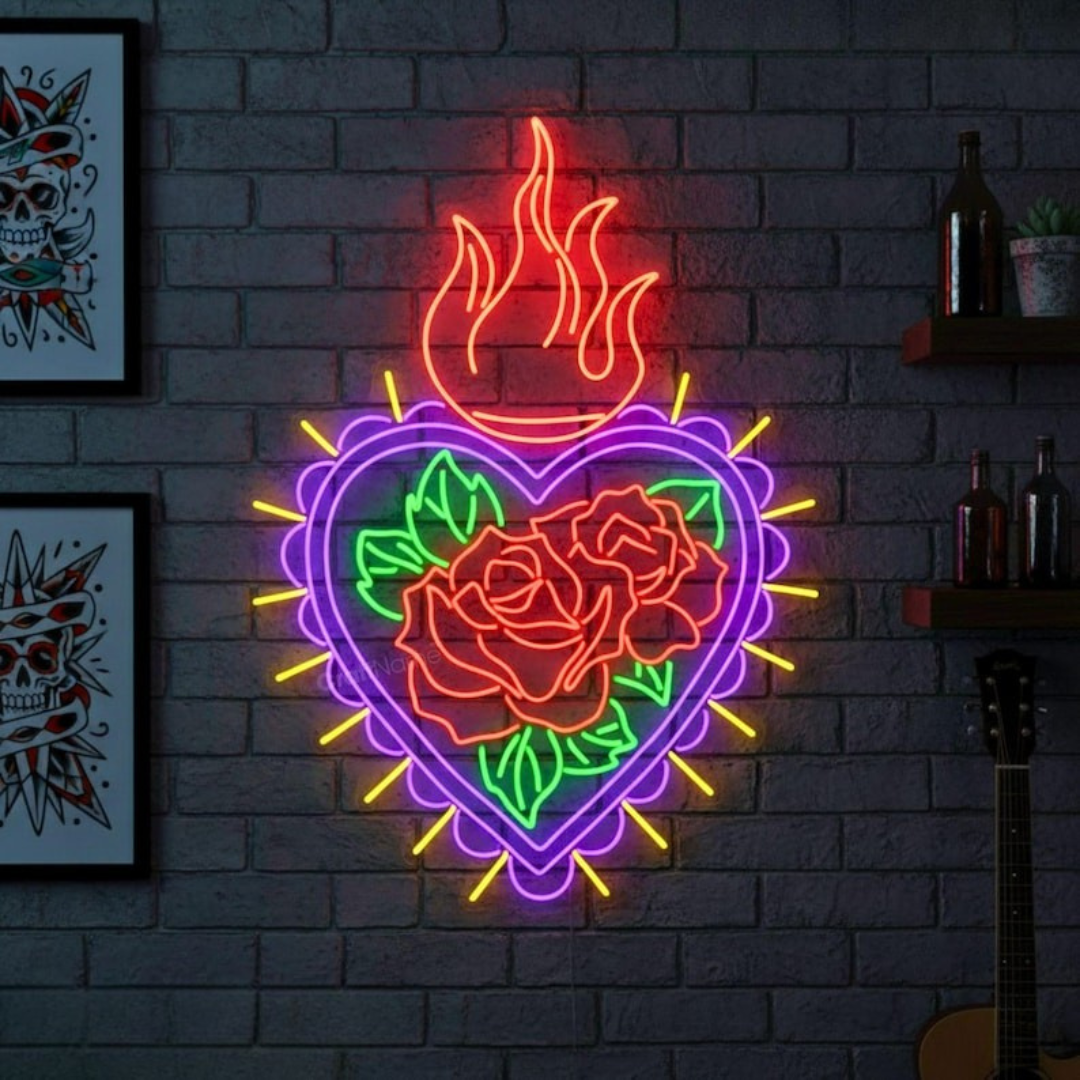Heart Rose Fire Valentine’s Day Neon Sign glowing on wall for romantic décor by Neon.Shop